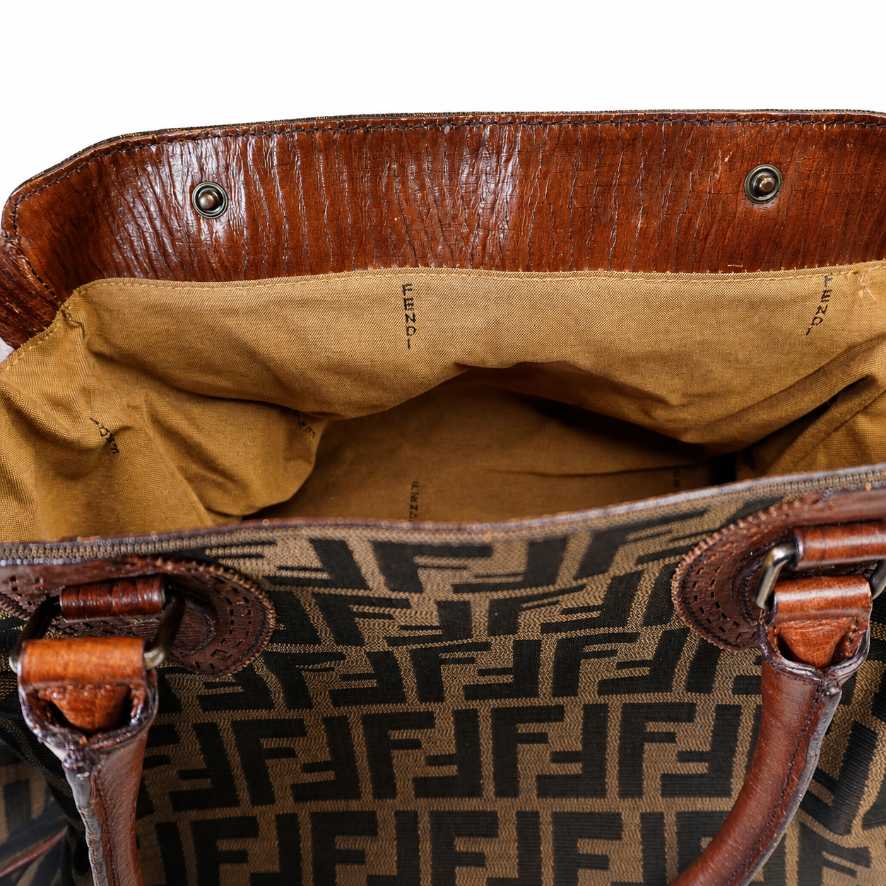Fendi Zucca Canvas Satchel, Tobacco FF Monogram with Cognac Leather Trim, Star Studs & Hook Closure
