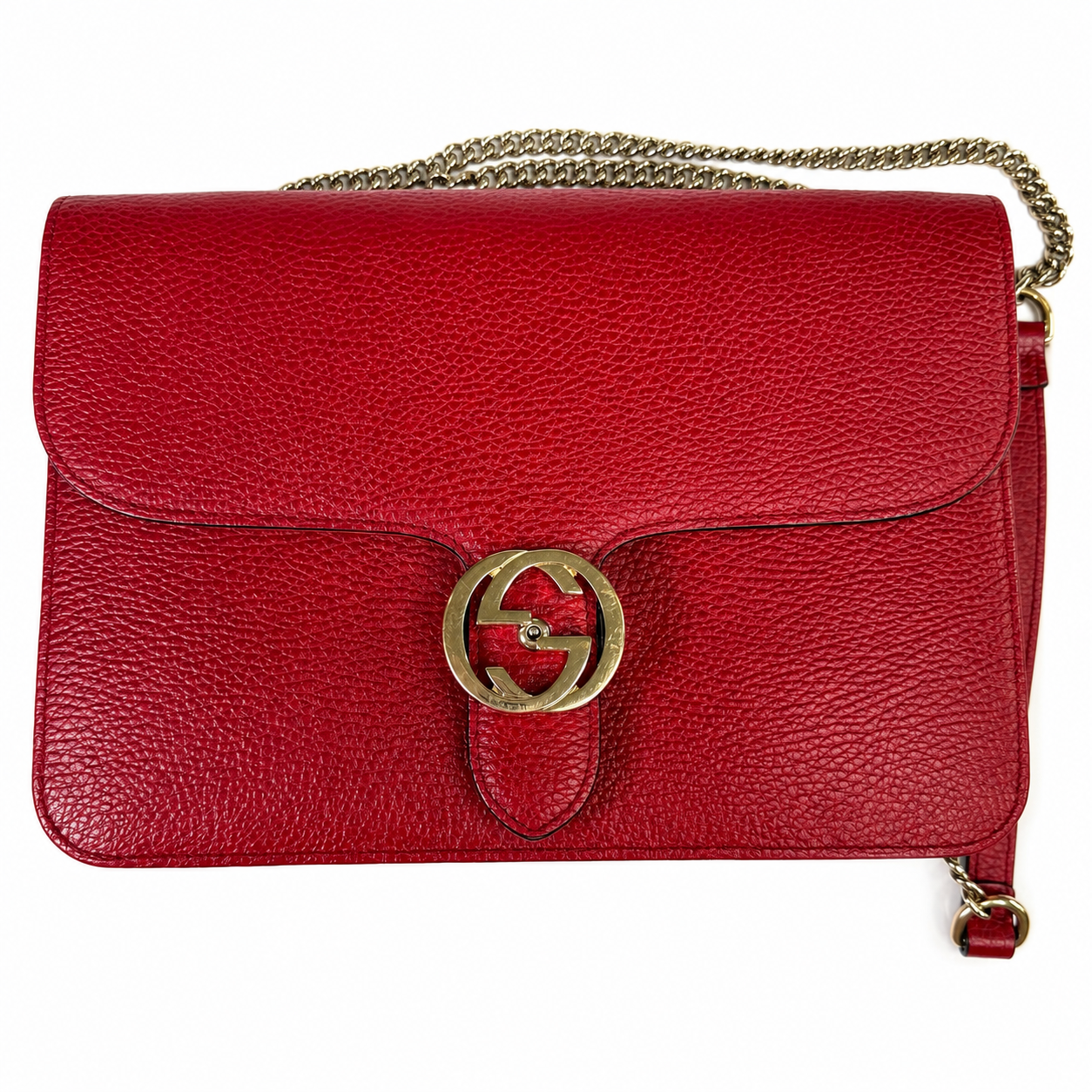 Gucci Interlocking G Chain Shoulder Bag, Red Dollar Calf Leather, Gold Interlocking GG Clasp — 510304