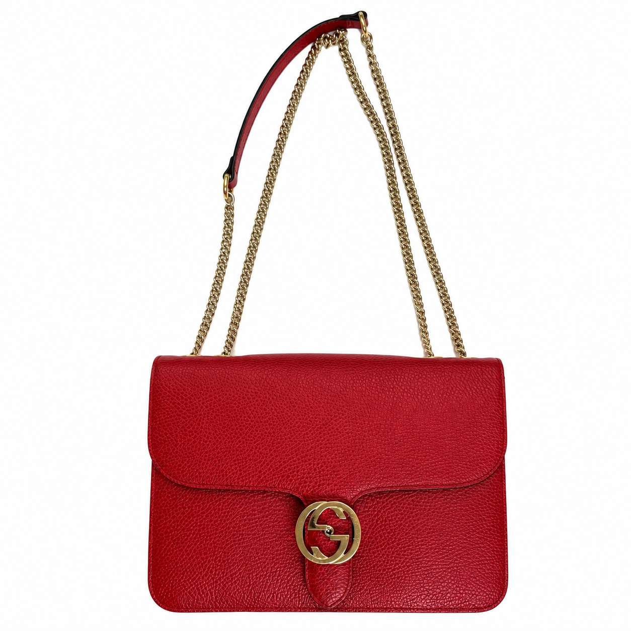 Gucci Interlocking G Chain Shoulder Bag, Red Dollar Calf Leather, Gold Interlocking GG Clasp — 510304