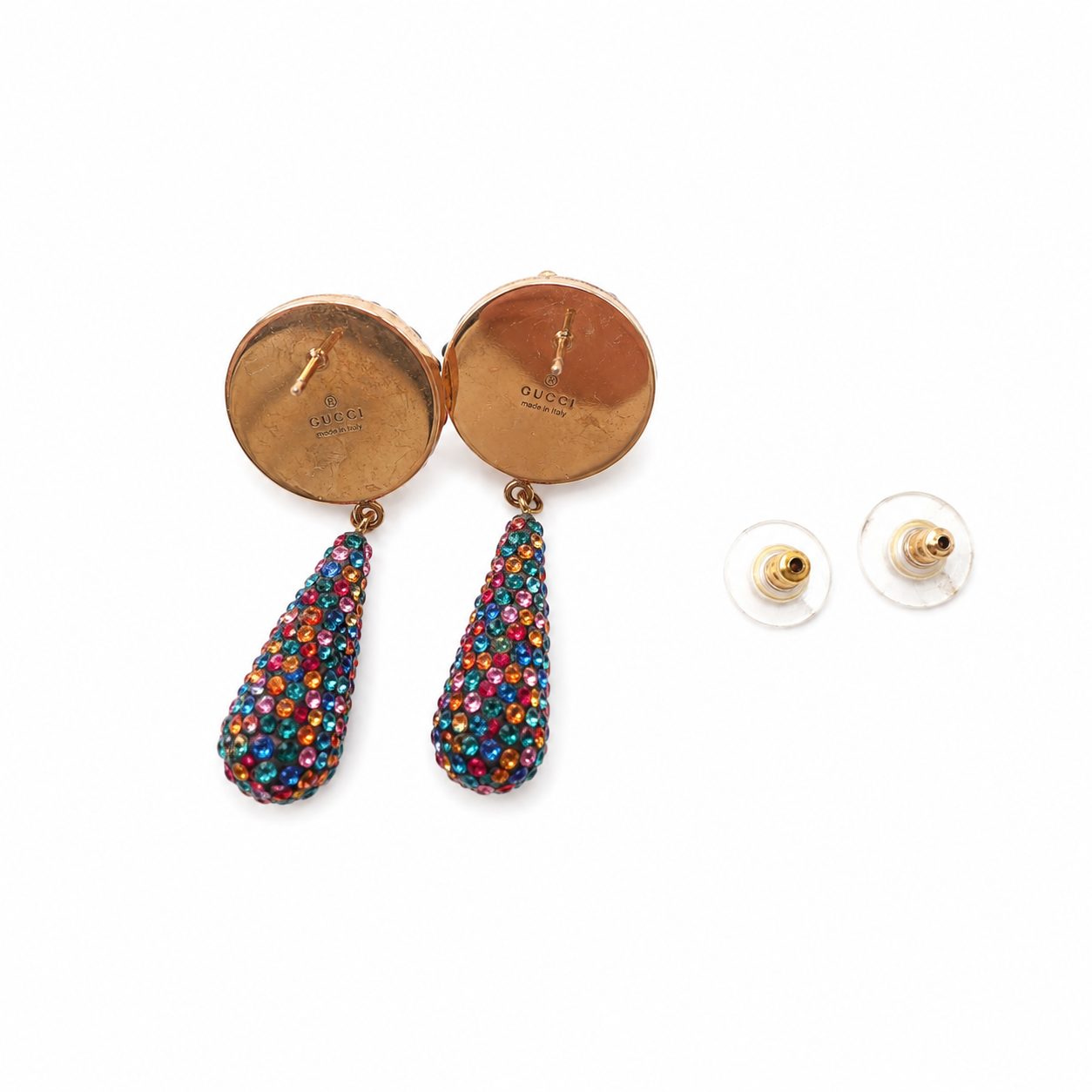 Gucci Multicolor Crystal GG Logo Drop Earrings, Resin & Rainbow Crystal, Made in Italy