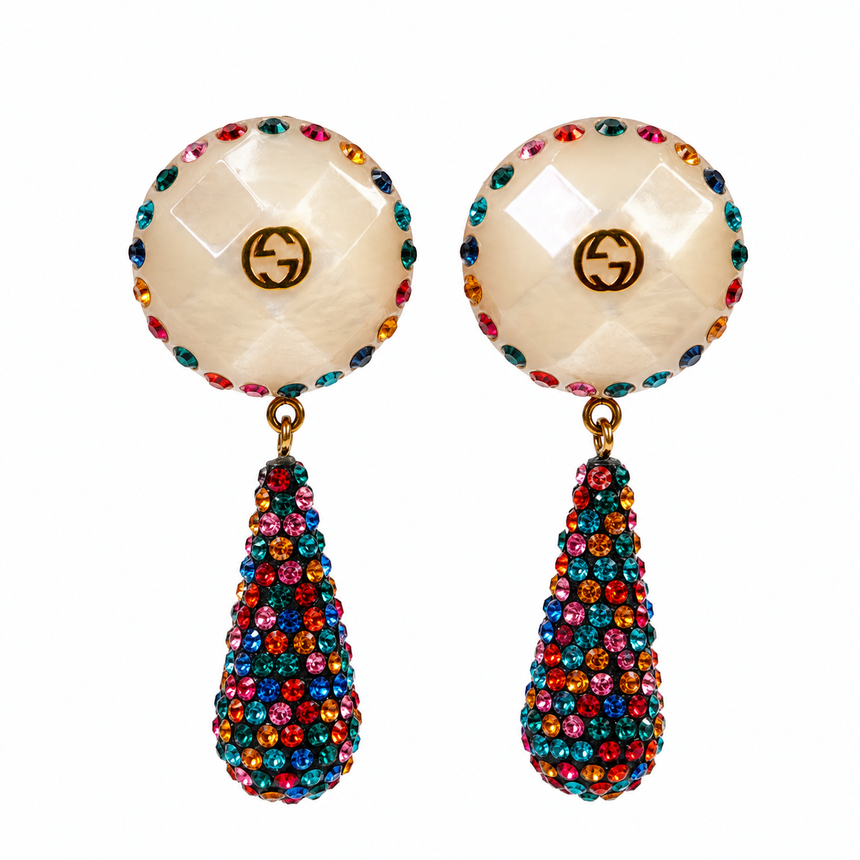 Gucci Multicolor Crystal GG Logo Drop Earrings, Resin & Rainbow Crystal, Made in Italy