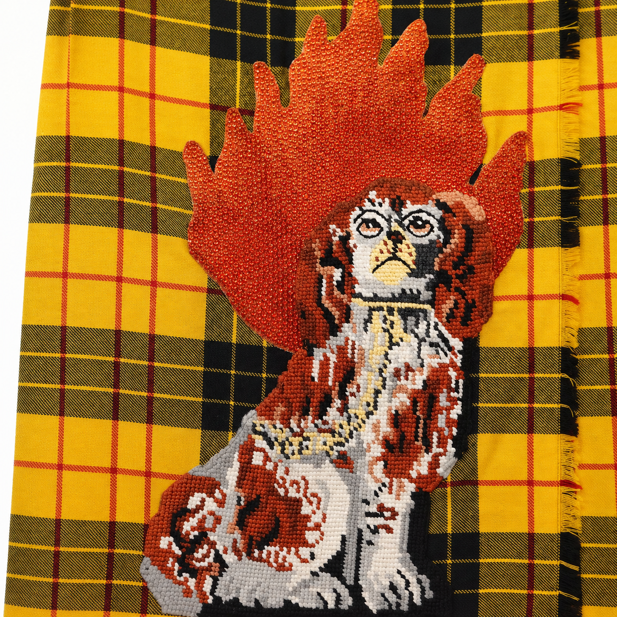 Gucci Tartan Wool Kilt Skirt, Embroidered Flaming Spaniel, Yellow Plaid, New With Tags, IT 38
