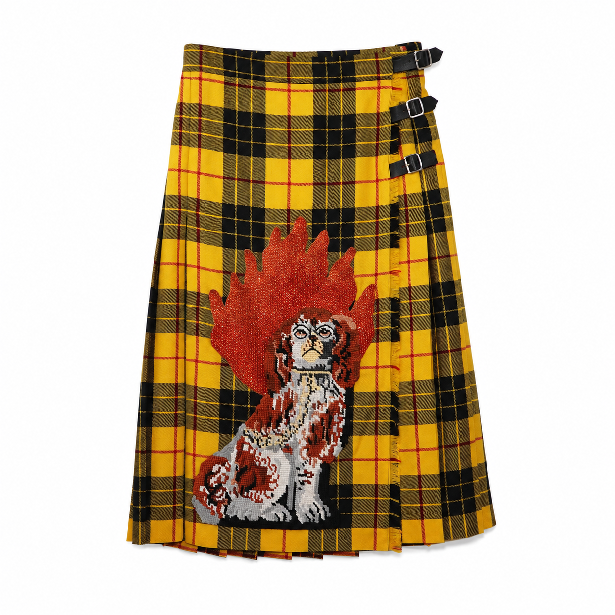 Gucci Tartan Wool Kilt Skirt, Embroidered Flaming Spaniel, Yellow Plaid, New With Tags, IT 38