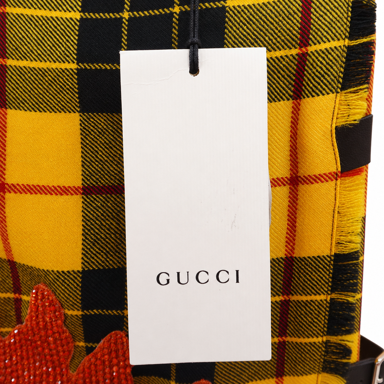 Gucci Tartan Wool Kilt Skirt, Embroidered Flaming Spaniel, Yellow Plaid, New With Tags, IT 38