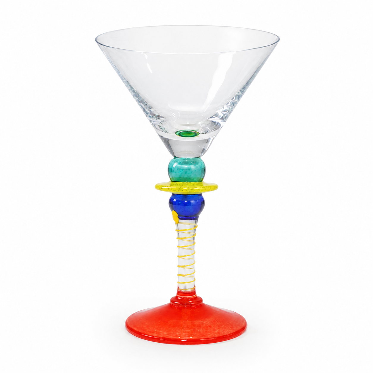 Mouth-Blown Art Glass Martini / Cocktail Glasses, Set of 4 — Colorful Stacked-Orb Spiral Stem (Memphis / Postmodern Style)