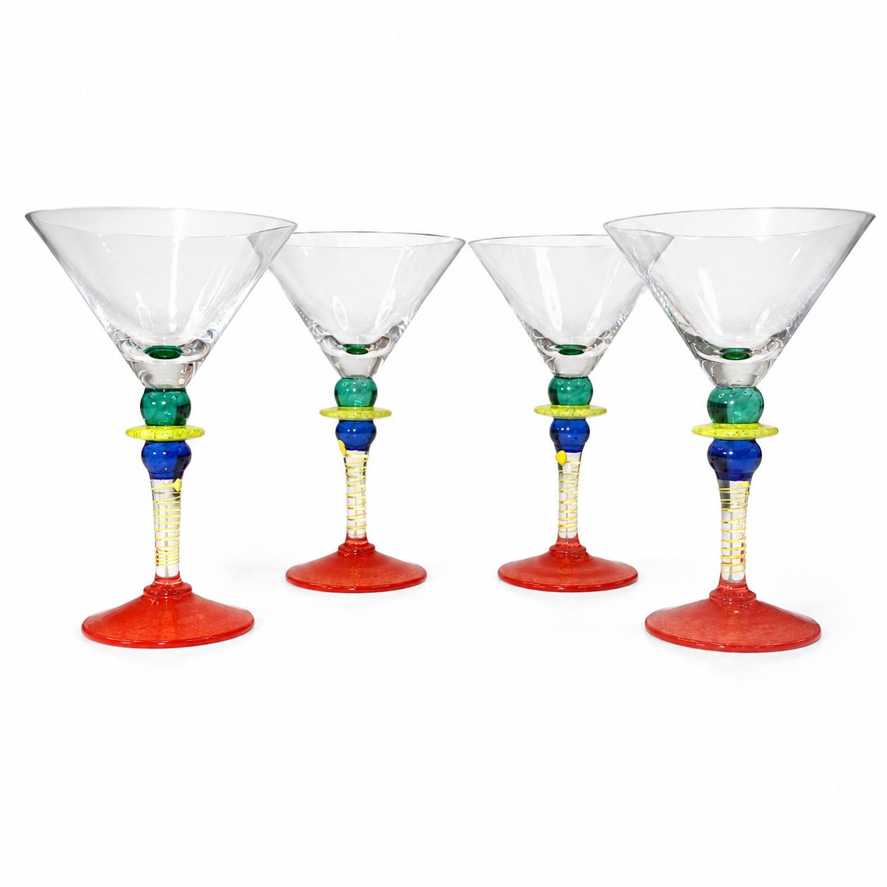 Mouth-Blown Art Glass Martini / Cocktail Glasses, Set of 4 — Colorful Stacked-Orb Spiral Stem (Memphis / Postmodern Style)