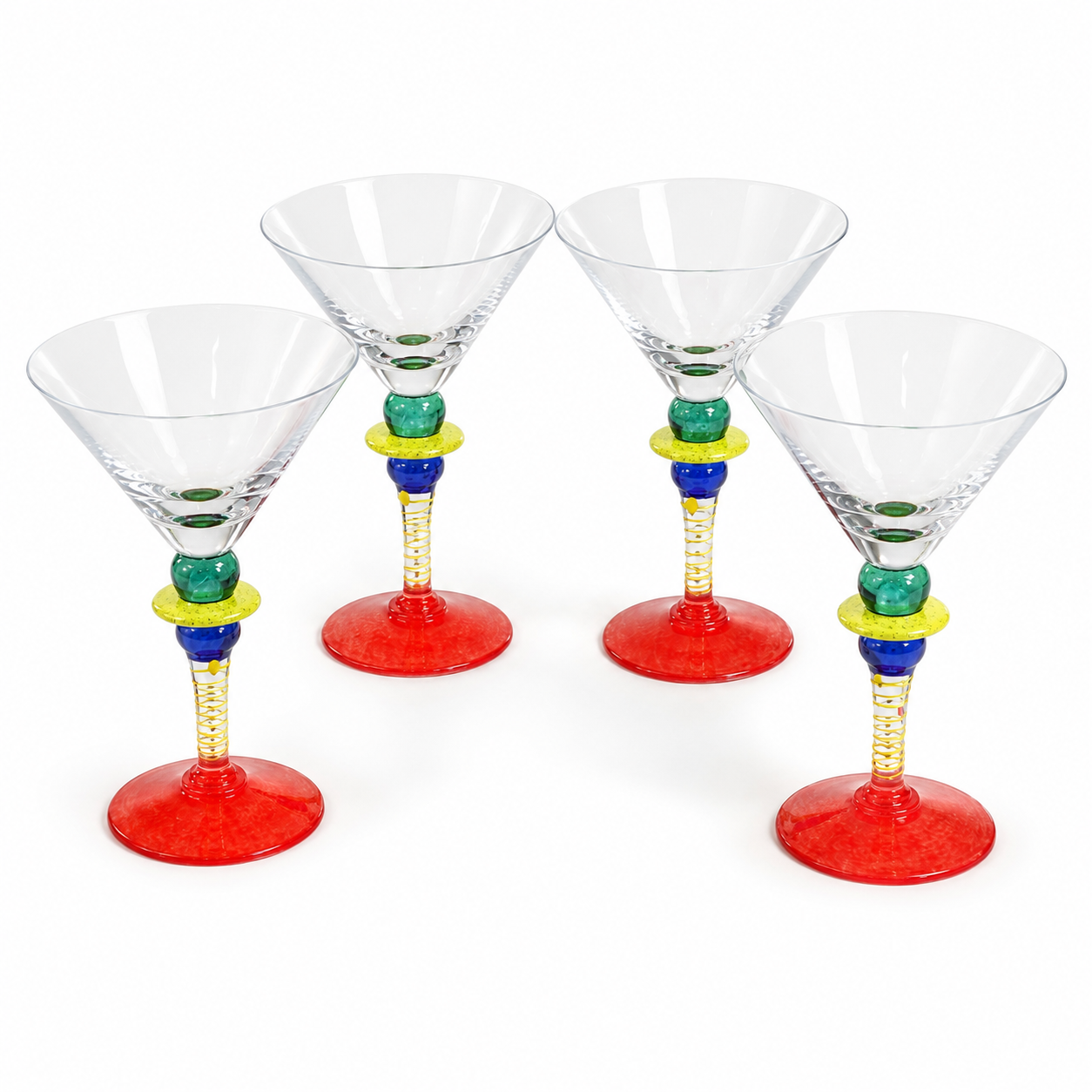 Mouth-Blown Art Glass Martini / Cocktail Glasses, Set of 4 — Colorful Stacked-Orb Spiral Stem (Memphis / Postmodern Style)