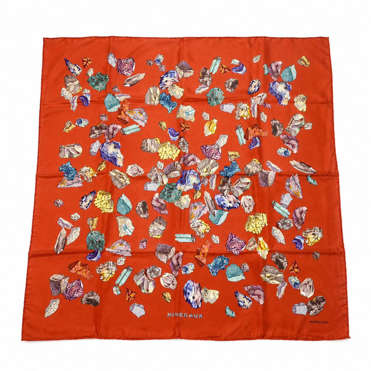 Hermès Minéraux 90cm Silk Scarf, Terracotta Red, Minerals & Crystals Print by Hugo Grygkar, with Box