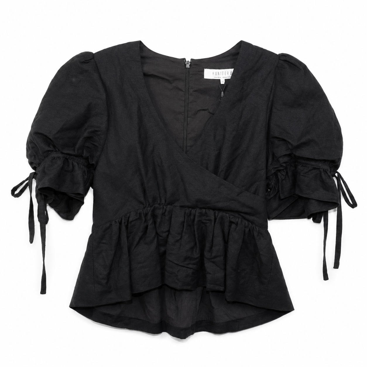 Hunter Bell New York Black Linen-Blend Puff-Sleeve Peplum Top, Wrap V-Neck, New With Tags, Size XS