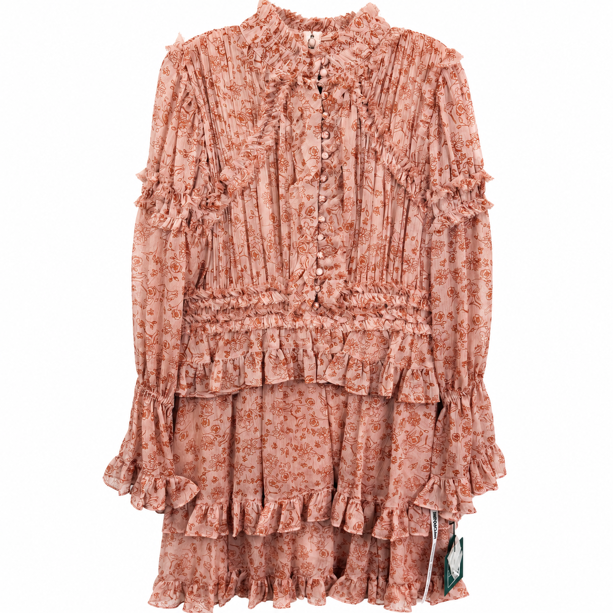 Ieena for Mac Duggal Floral Ruffle Mini Dress, Dusty Rose Pleated Chiffon, Long Sleeve, NWT — Size 8
