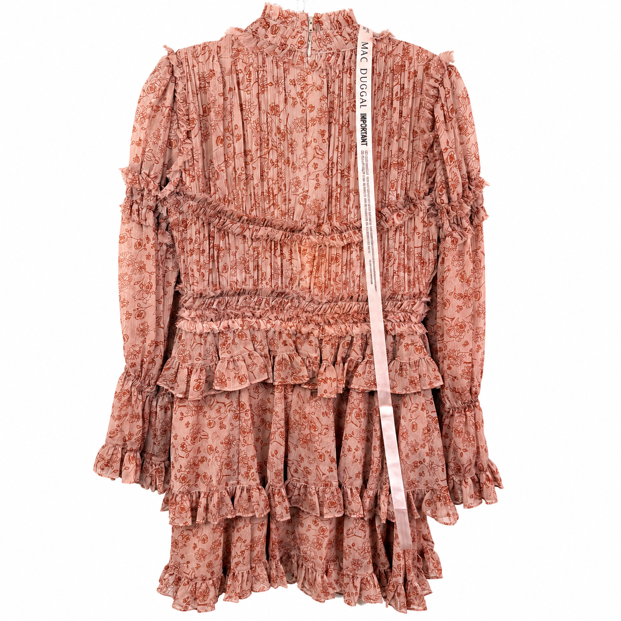 Ieena for Mac Duggal Floral Ruffle Mini Dress, Dusty Rose Pleated Chiffon, Long Sleeve, NWT — Size 8