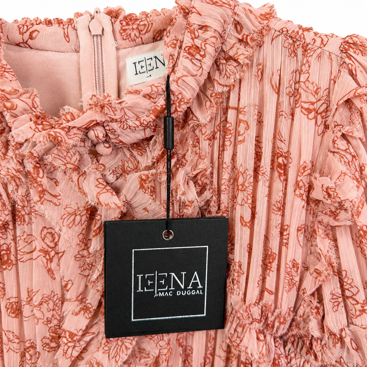 Ieena for Mac Duggal Floral Ruffle Mini Dress, Dusty Rose Pleated Chiffon, Long Sleeve, NWT — Size 8