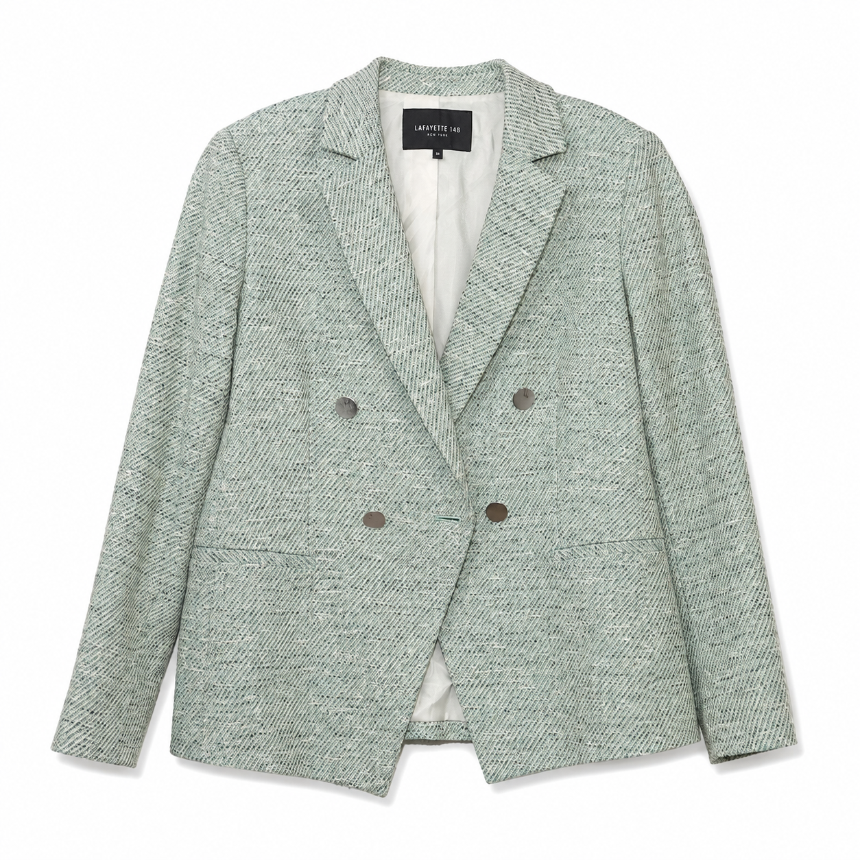 Lafayette 148 New York Green & Teal Tweed Double-Breasted Blazer, Fully Lined, Size 8