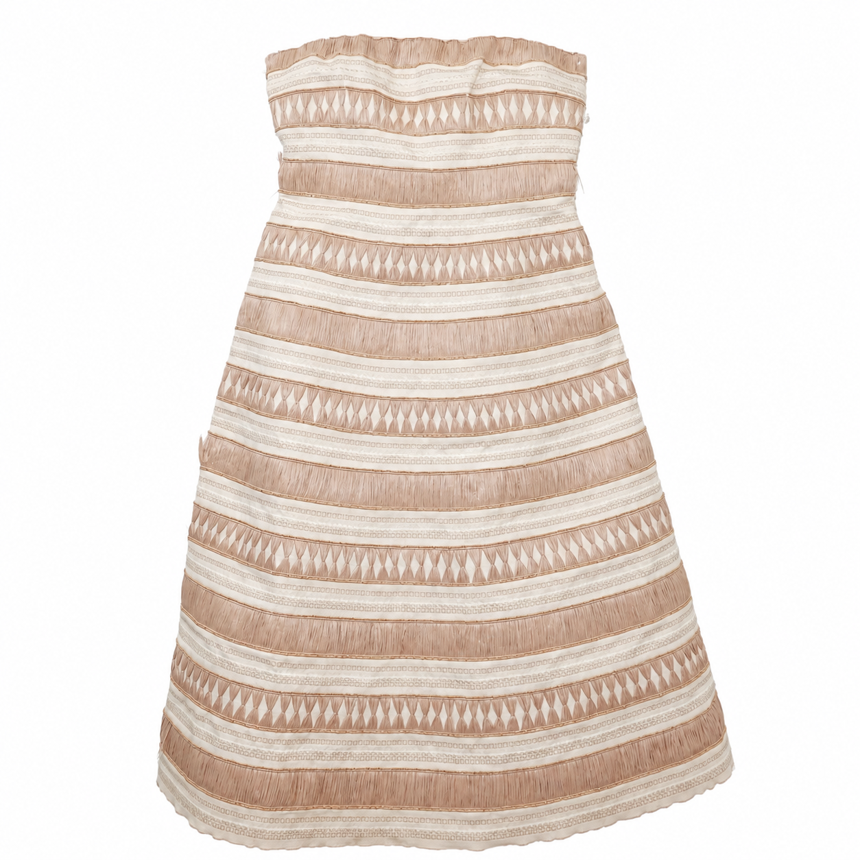 Lafayette 148 New York Ribbon-Fringe A-Line Dress, Camel & Cream Textured, Strapless, Size 6