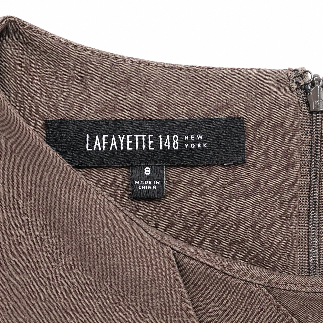 Lafayette 148 New York Stretch Cotton-Blend Sheath Dress, Olive-Taupe, Pleated Neckline, Size 8