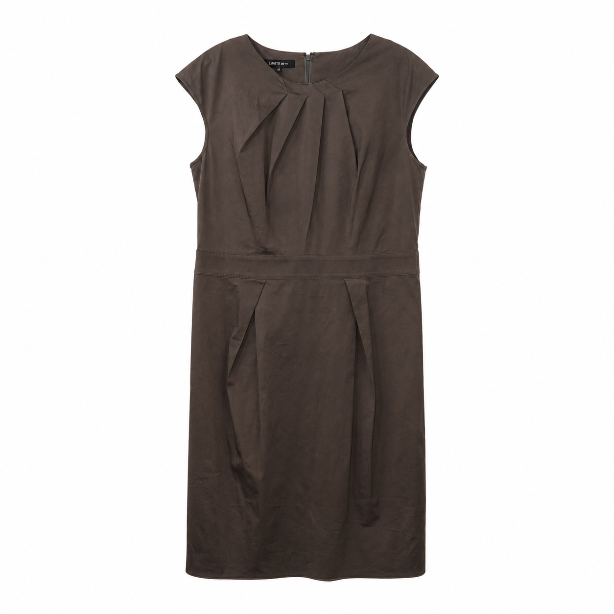 Lafayette 148 New York Stretch Cotton-Blend Sheath Dress, Olive-Taupe, Pleated Neckline, Size 8