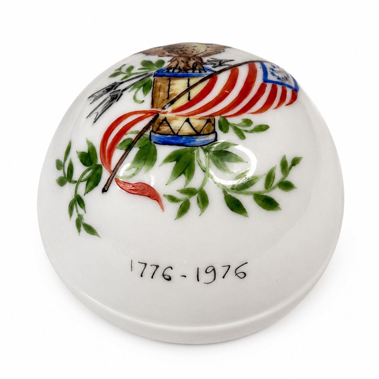 Limoges France Bicentennial Trinket Box (1776–1976) — Hand-Painted Porcelain, American Eagle, Flag & Drum, Round Lidded Box