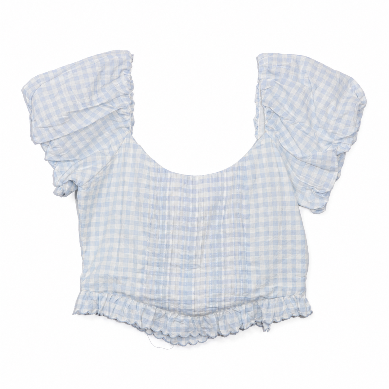 LoveShackFancy Breonna Top, Blue Gingham Puff-Sleeve, Pintuck Bodice, NWT, Size 6