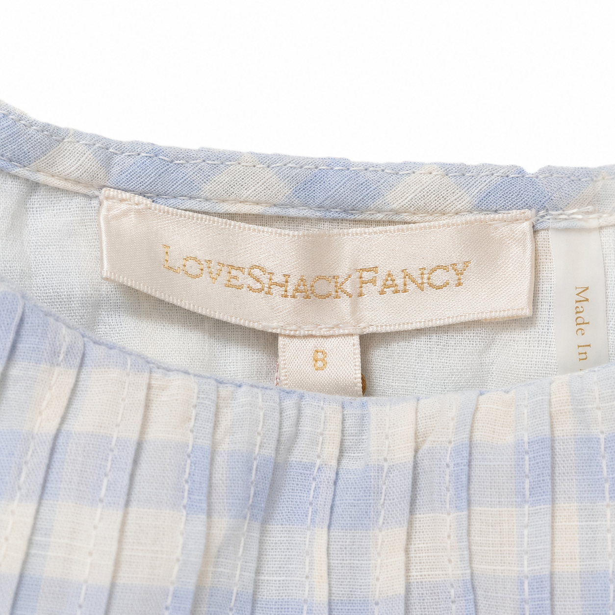 LoveShackFancy Breonna Top, Blue Gingham Puff-Sleeve, Pintuck Bodice, NWT, Size 6