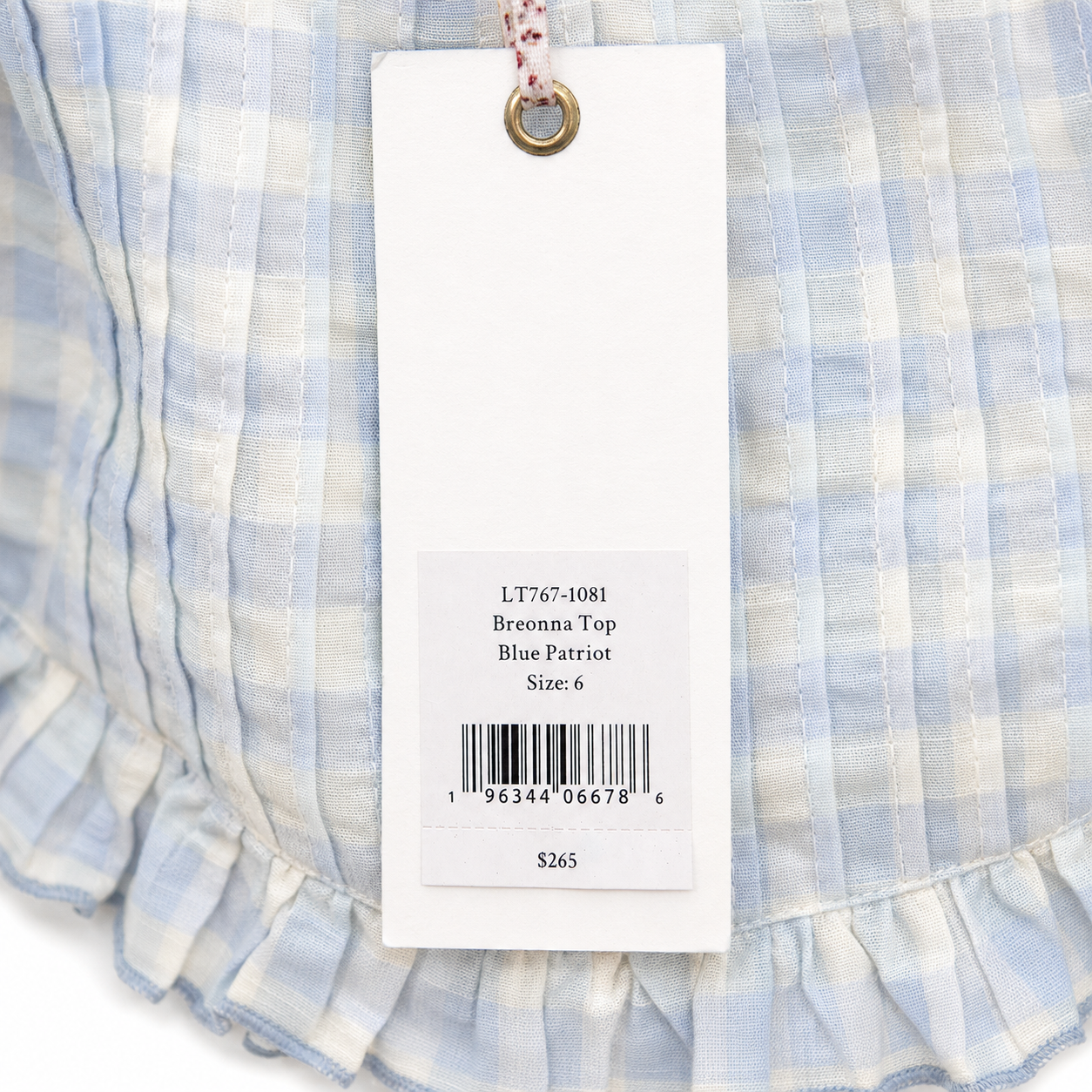 LoveShackFancy Breonna Top, Blue Gingham Puff-Sleeve, Pintuck Bodice, NWT, Size 6