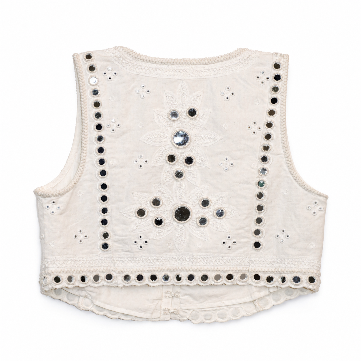 LoveShackFancy Cayman Mirror-Embroidered Cropped Vest, True White, Hook-and-Eye Front, Size 6, NWT