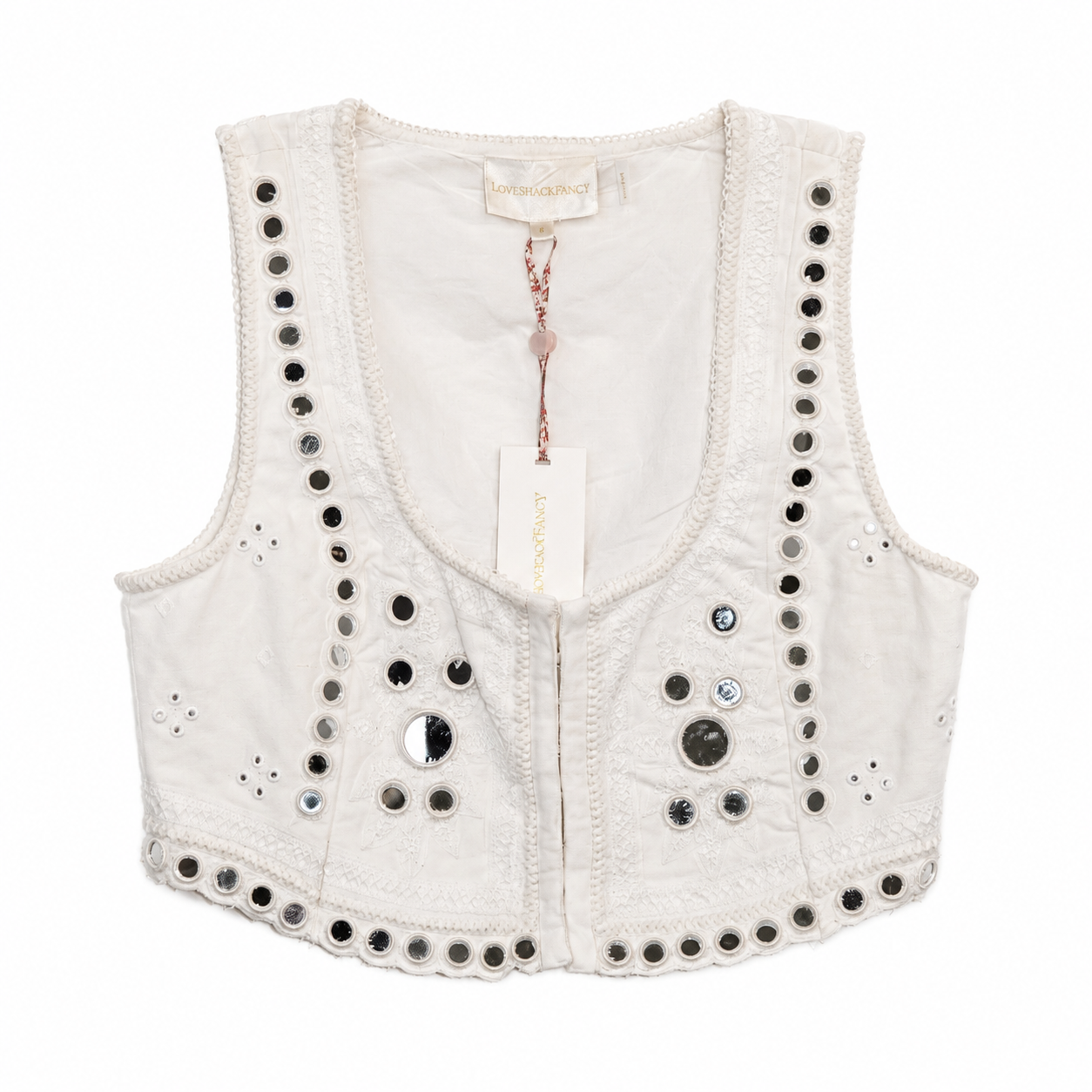 LoveShackFancy Cayman Mirror-Embroidered Cropped Vest, True White, Hook-and-Eye Front, Size 6, NWT