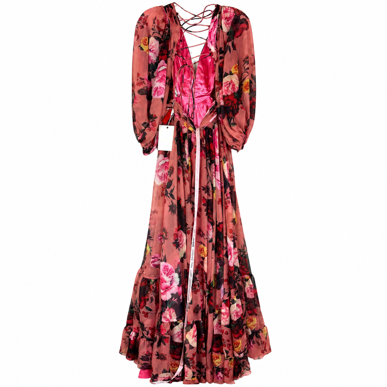 Mac Duggal Floral Chiffon Gown, Rose Multi, Lace-Up Open Back, Blouson Sleeve, Style 67946, NWT — Size 2