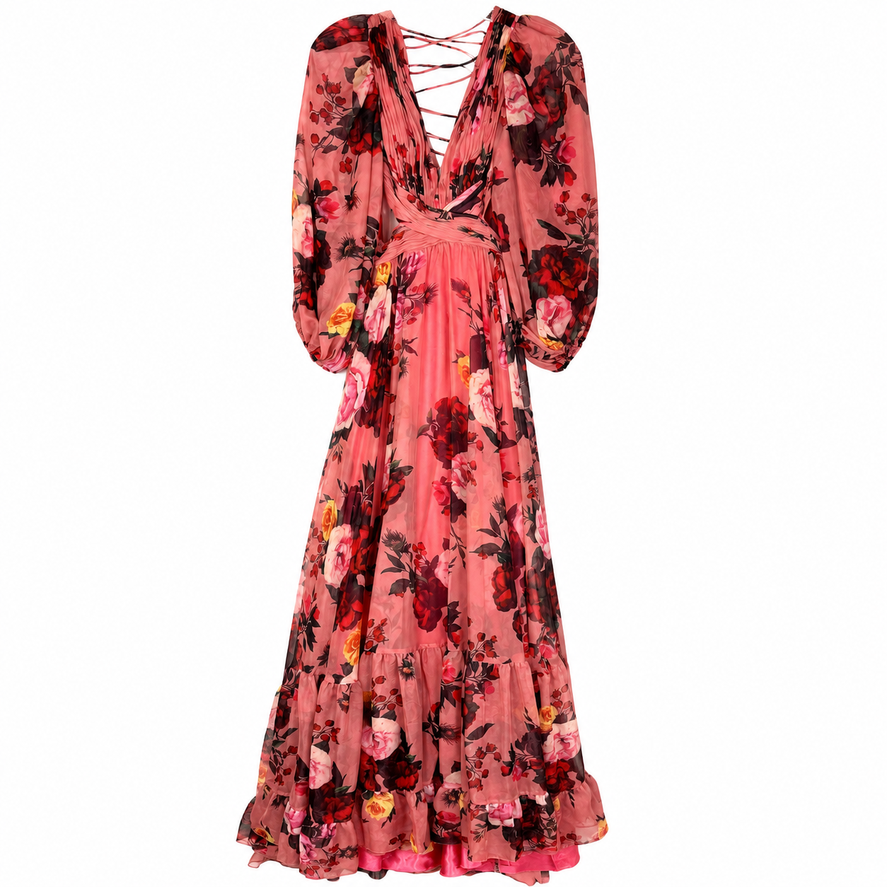 Mac Duggal Floral Chiffon Gown, Rose Multi, Lace-Up Open Back, Blouson Sleeve, Style 67946, NWT — Size 2