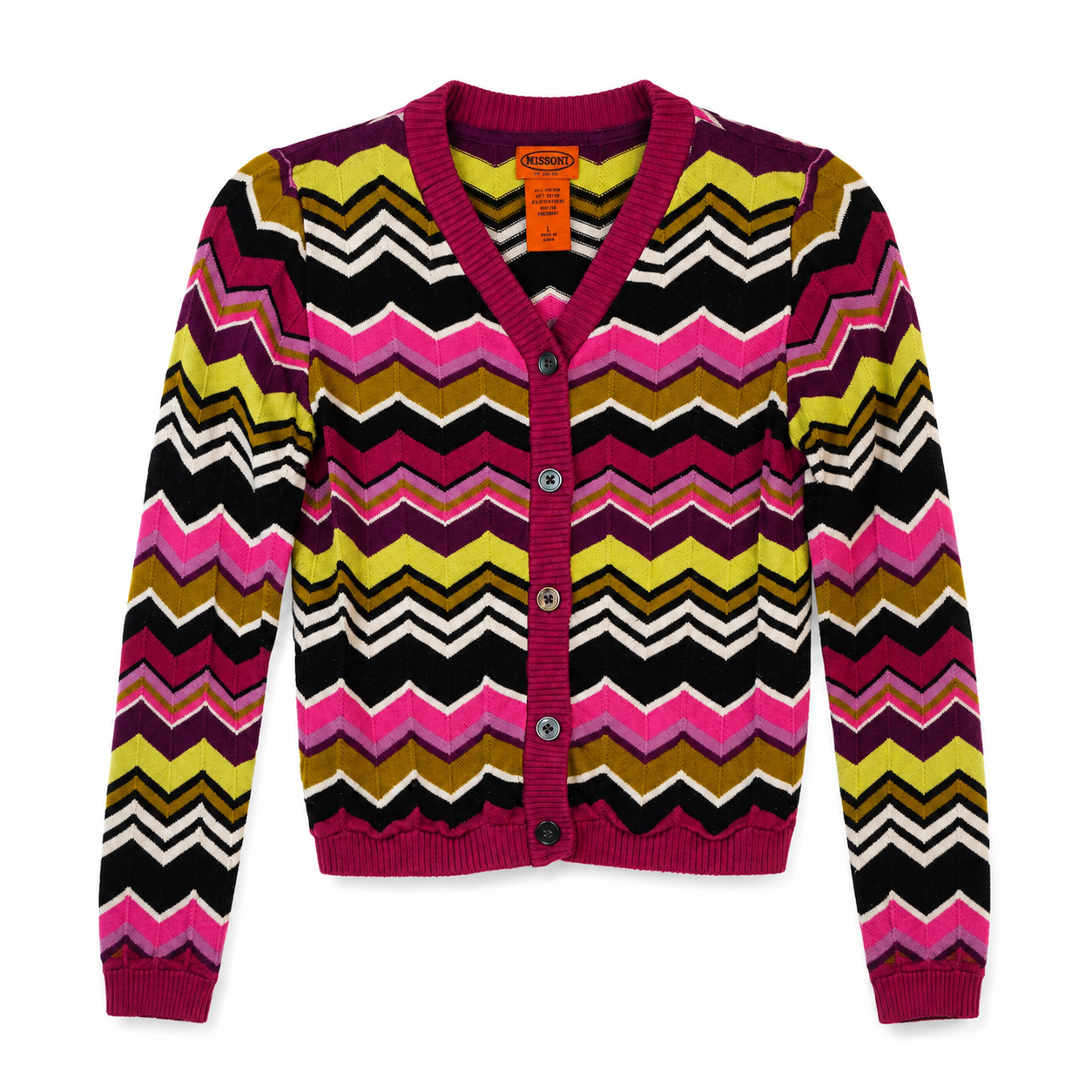Missoni for Target Chevron Zigzag Knit Cardigan, Multicolor Pink & Olive, Button-Front, Size L