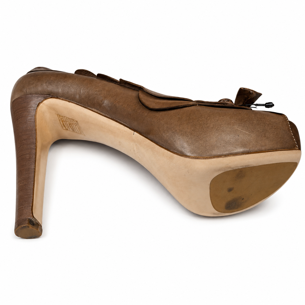 Miu Miu Taupe Leather Peep-Toe Platform Pumps, Scalloped Bow Detail, Size 40 (EU)