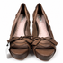 Miu Miu Taupe Leather Peep-Toe Platform Pumps, Scalloped Bow Detail, Size 40 (EU)