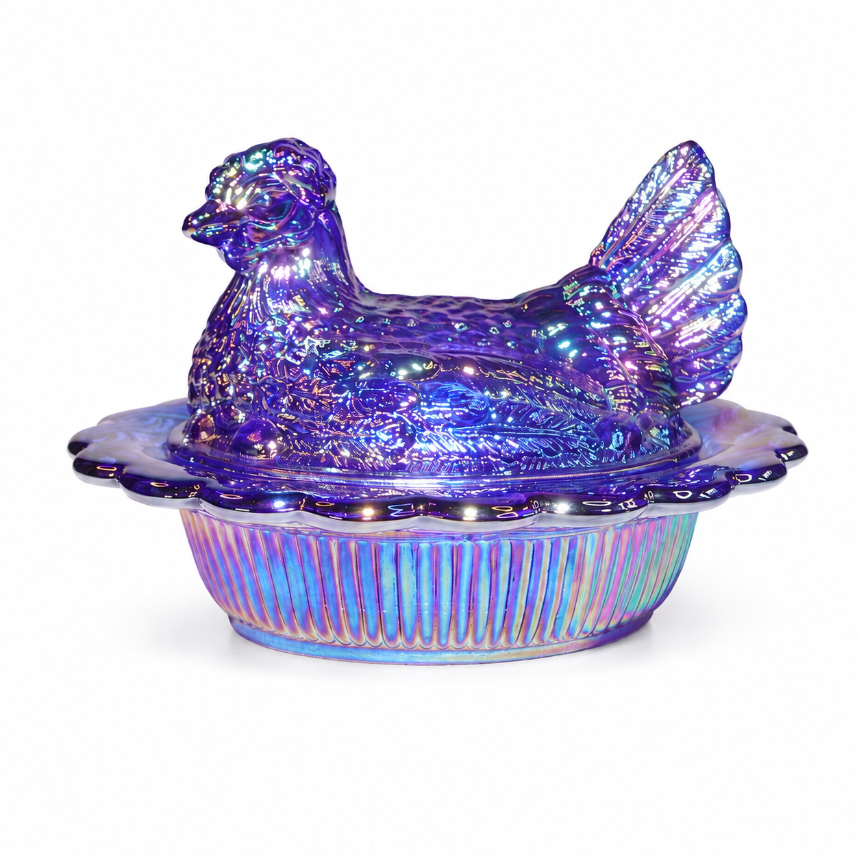 Mosser Glass Cobalt Blue Carnival Hen on Nest Covered Candy Dish, Iridescent Blue, 6.5