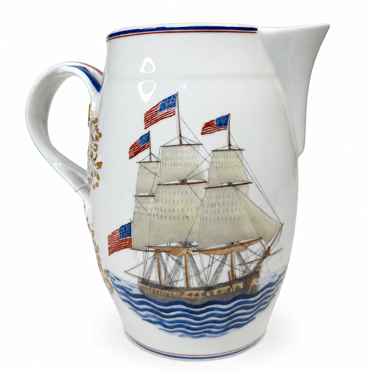 Mottahedeh "Our Maritime Heritage" USS Constitution Pitcher — Hand-Decorated Americana Porcelain, Tall Ship, Vista Alegre Portugal