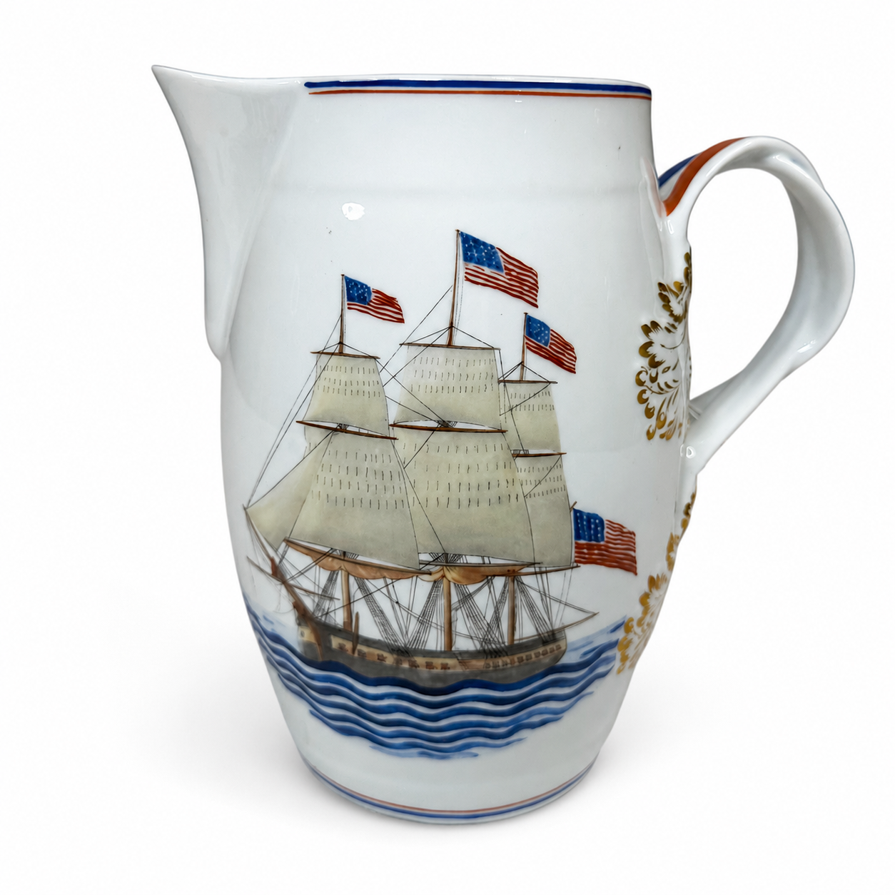 Mottahedeh "Our Maritime Heritage" USS Constitution Pitcher — Hand-Decorated Americana Porcelain, Tall Ship, Vista Alegre Portugal