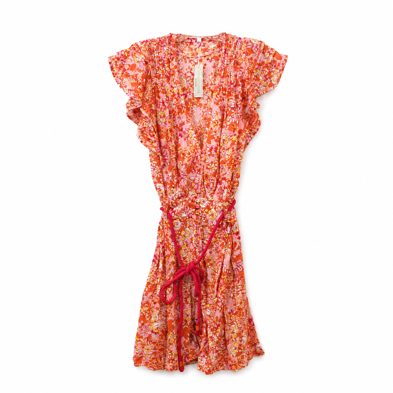 Poupette St Barth Bice Mini Dress, Pink Sweet Bell Floral, Rope Tie Waist, Size L, NWT