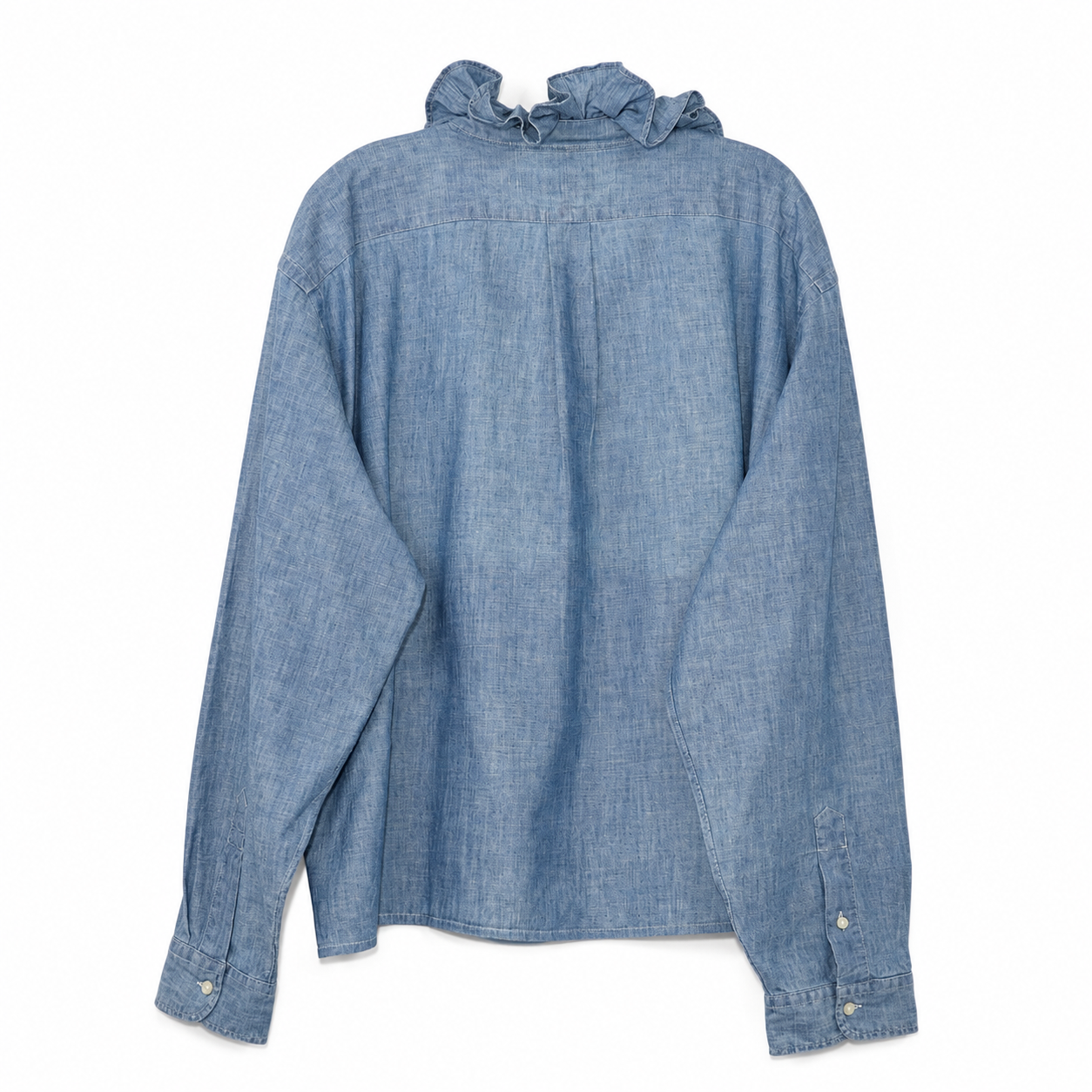 Reimagined Polo Ralph Lauren Chambray Shirt, Hand-Ruffled Statement Collar, Oversized Blue Top, One of a Kind