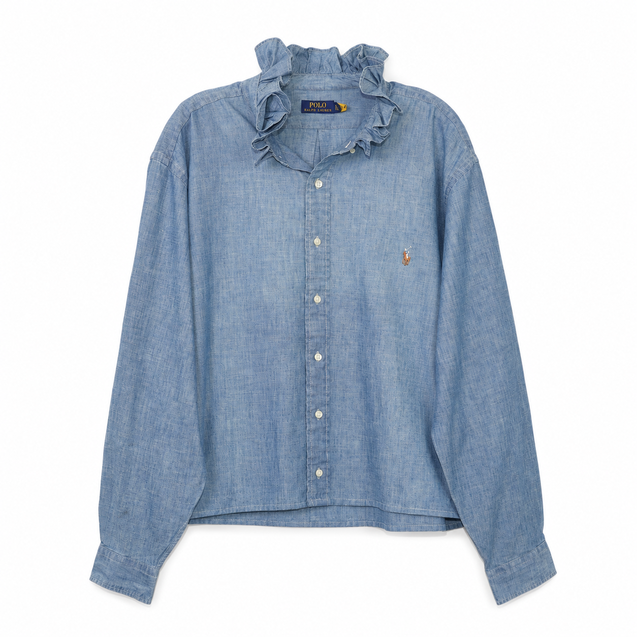Reimagined Polo Ralph Lauren Chambray Shirt, Hand-Ruffled Statement Collar, Oversized Blue Top, One of a Kind
