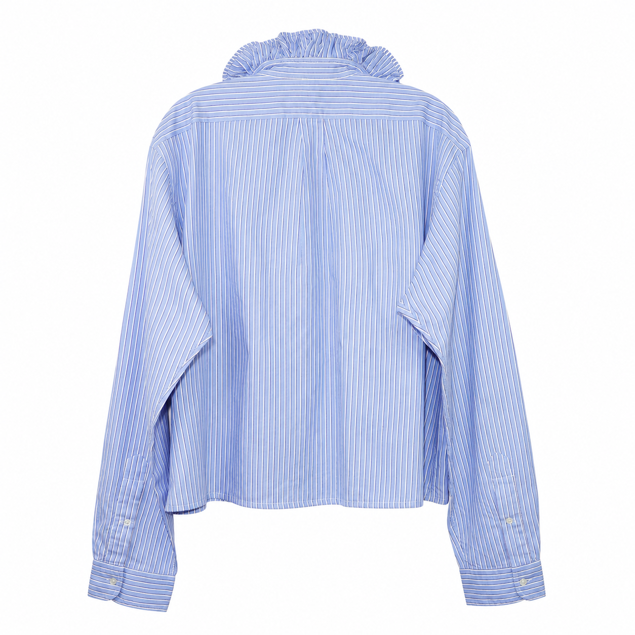 Reimagined Ralph Lauren Striped Shirt, Hand-Ruffled Statement Collar, Light Blue Pinstripe, Oversized, One of a Kind