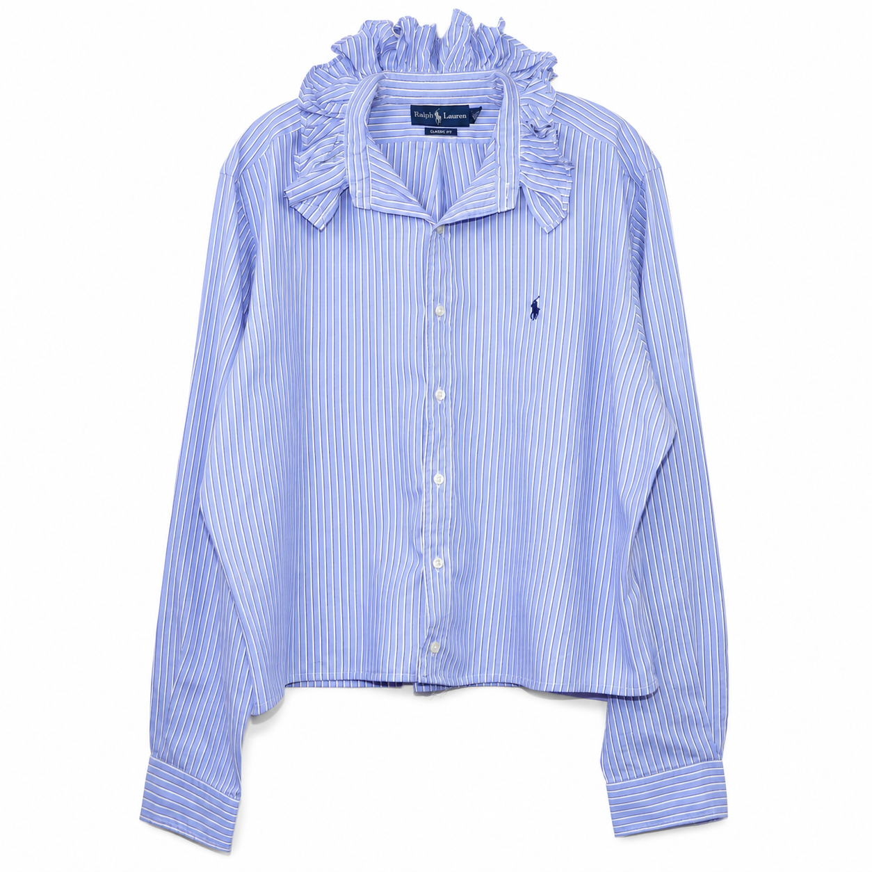 Reimagined Ralph Lauren Striped Shirt, Hand-Ruffled Statement Collar, Light Blue Pinstripe, Oversized, One of a Kind