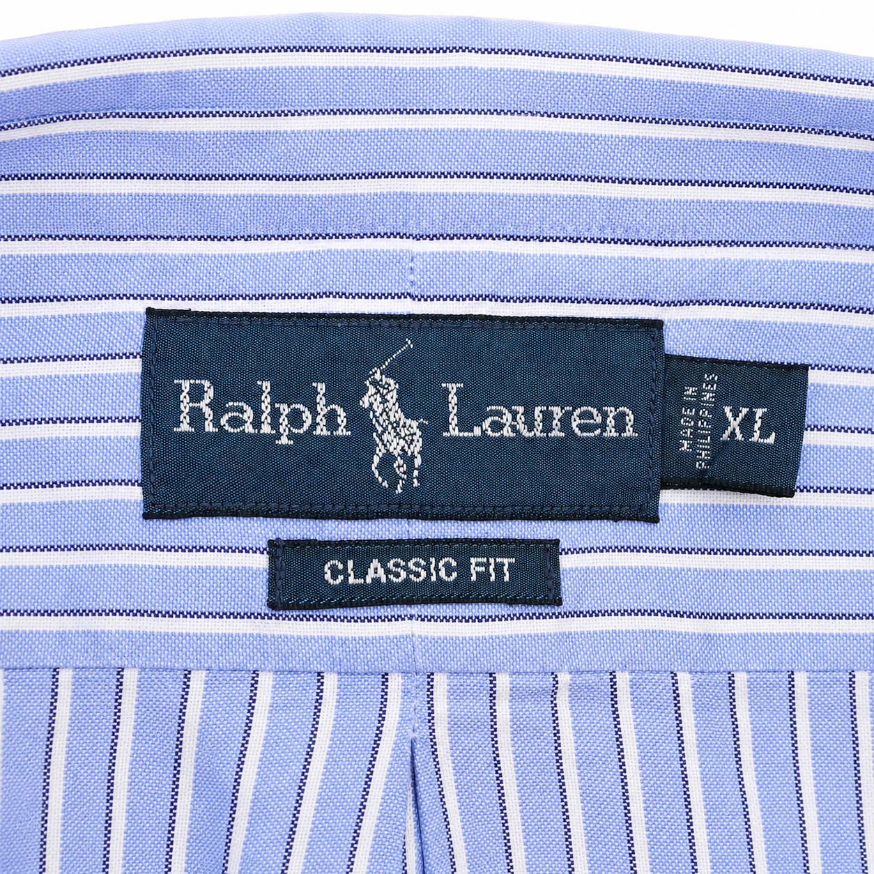 Reimagined Ralph Lauren Striped Shirt, Hand-Ruffled Statement Collar, Light Blue Pinstripe, Oversized, One of a Kind