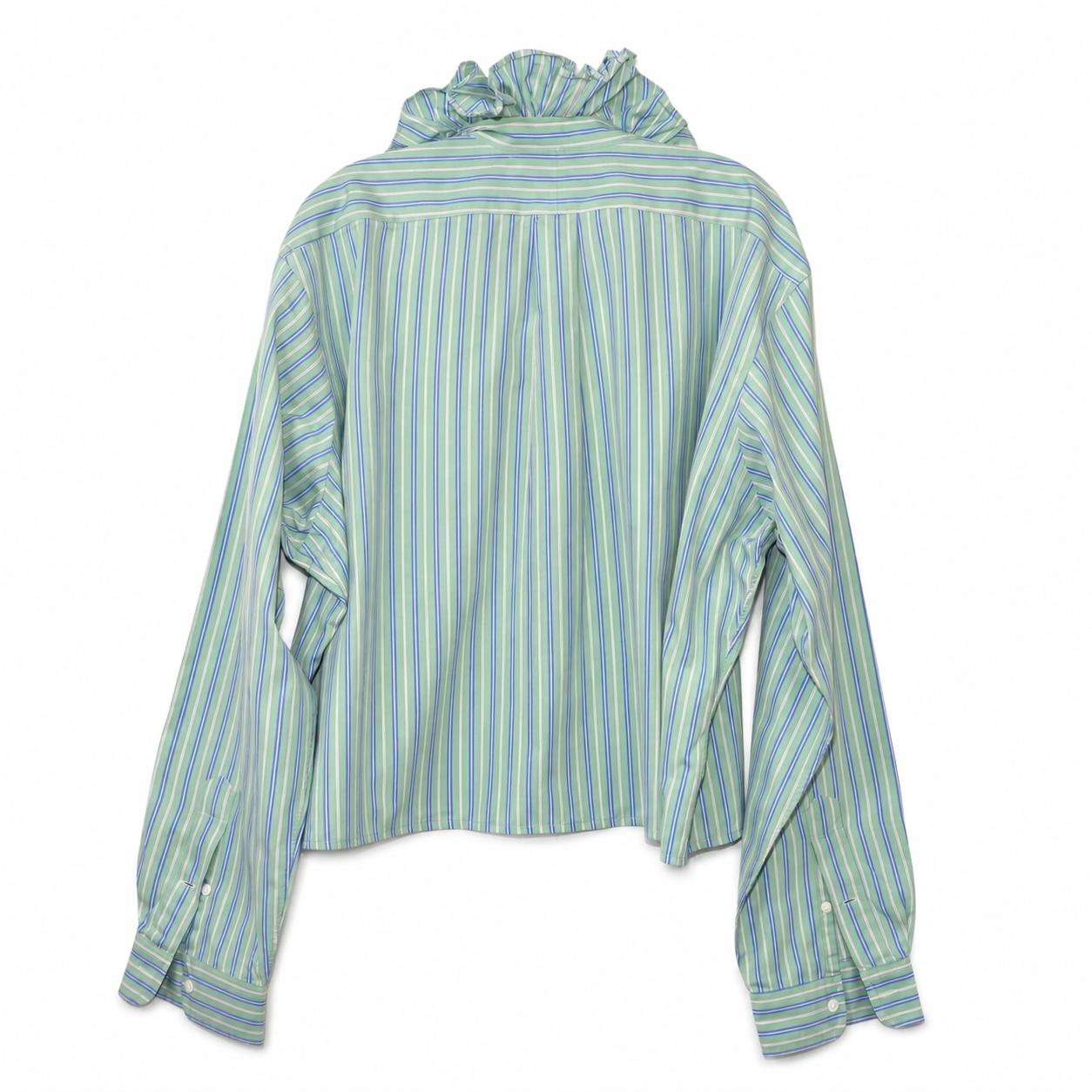 Reimagined Ralph Lauren Striped Shirt, Hand-Ruffled Collar, Mint Green & Blue Stripe, Oversized, One of a Kind