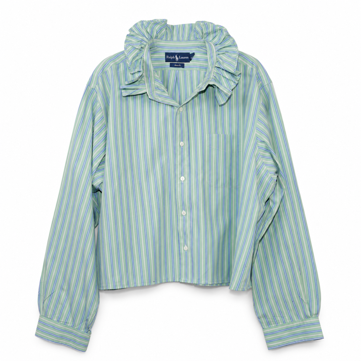 Reimagined Ralph Lauren Striped Shirt, Hand-Ruffled Collar, Mint Green & Blue Stripe, Oversized, One of a Kind