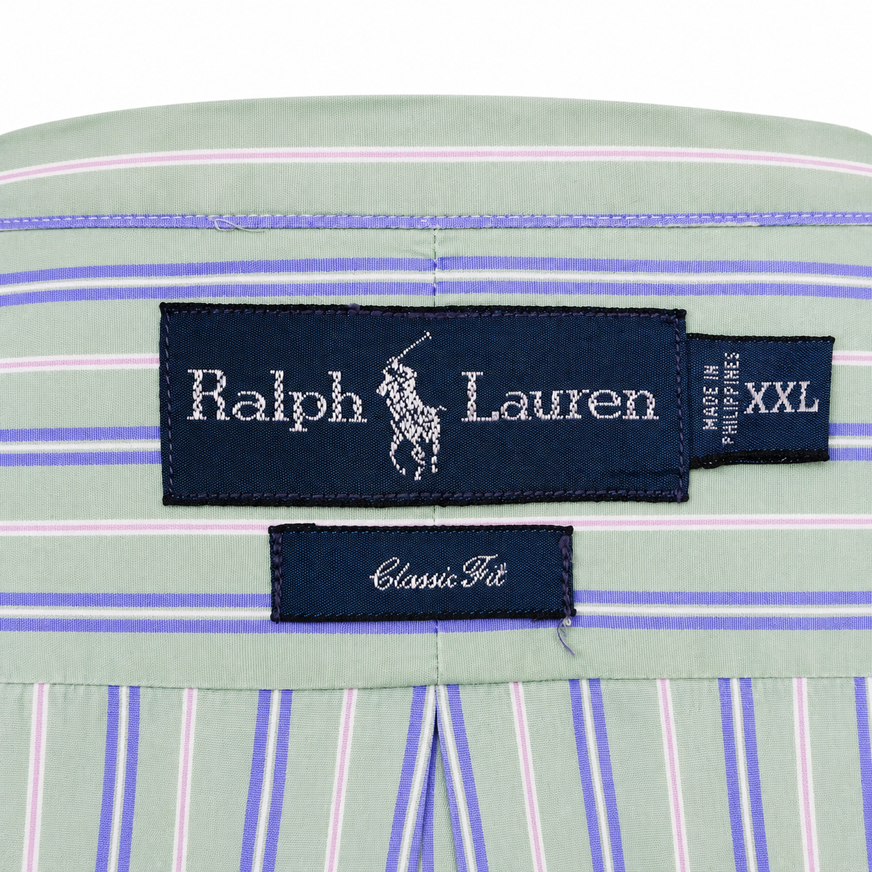 Reimagined Ralph Lauren Striped Shirt, Hand-Ruffled Collar, Mint Green & Blue Stripe, Oversized, One of a Kind
