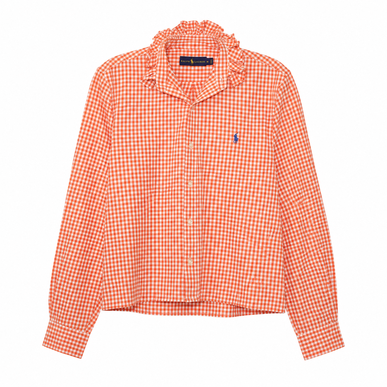 Reimagined Ralph Lauren Gingham Shirt, Hand-Ruffled Collar, Orange & White, One of a Kind