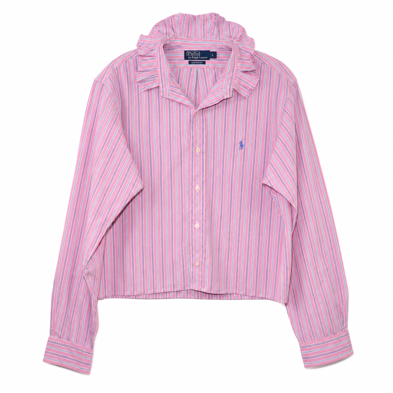 Reimagined Polo Ralph Lauren Striped Shirt, Hand-Ruffled Collar, Pink & Blue Stripe, Oversized, One of a Kind