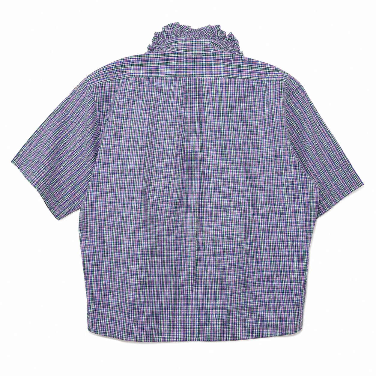 Reimagined Ralph Lauren Plaid Shirt, Hand-Ruffled Collar, Multicolor Plaid, Short Sleeve, One of a Kind