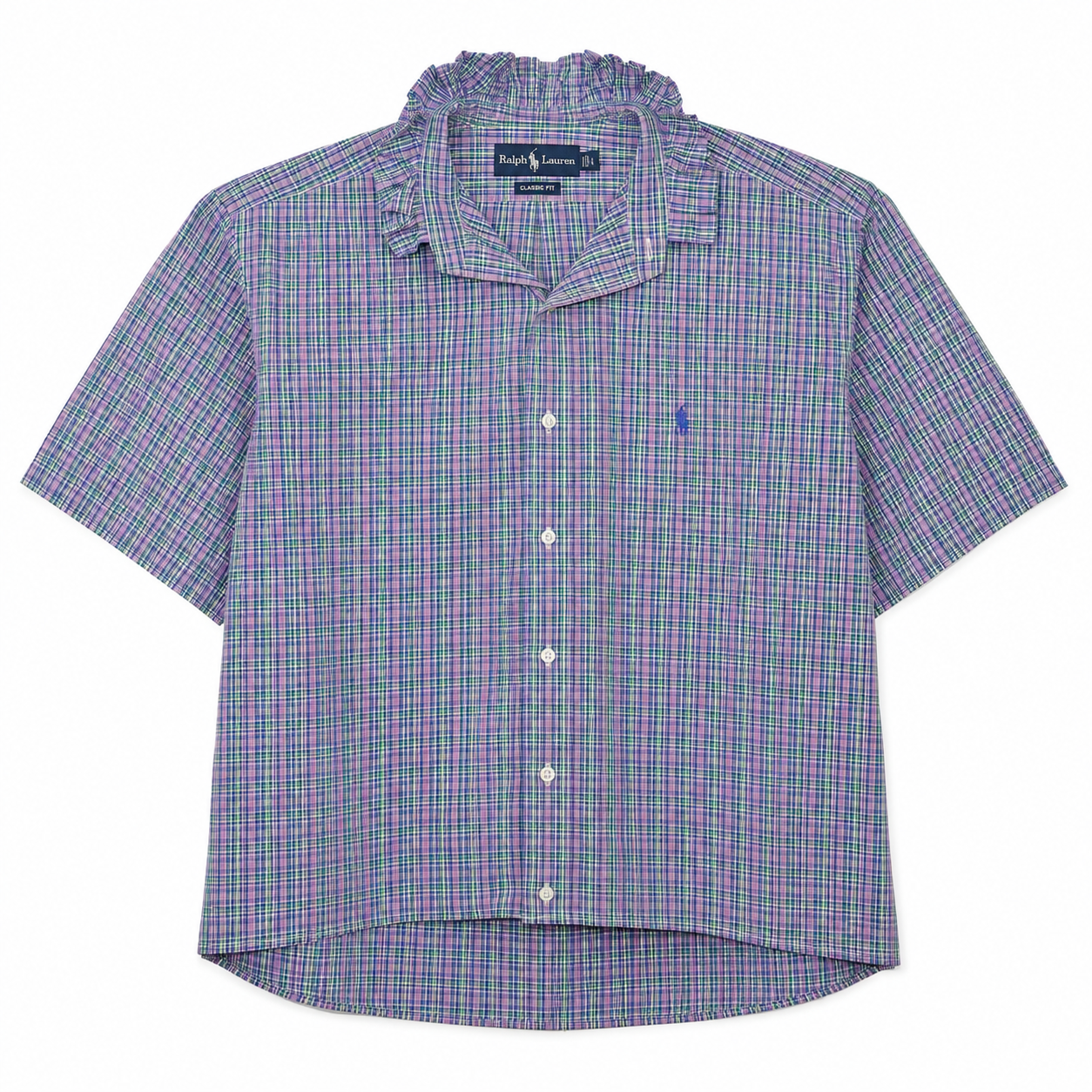 Reimagined Ralph Lauren Plaid Shirt, Hand-Ruffled Collar, Multicolor Plaid, Short Sleeve, One of a Kind