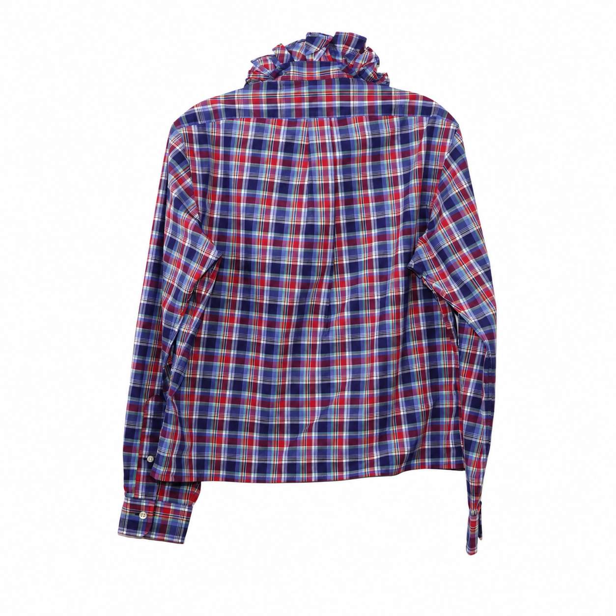 Reimagined Ralph Lauren Plaid Shirt, Hand-Ruffled Collar, Red White & Blue Madras-Style Plaid, One of a Kind