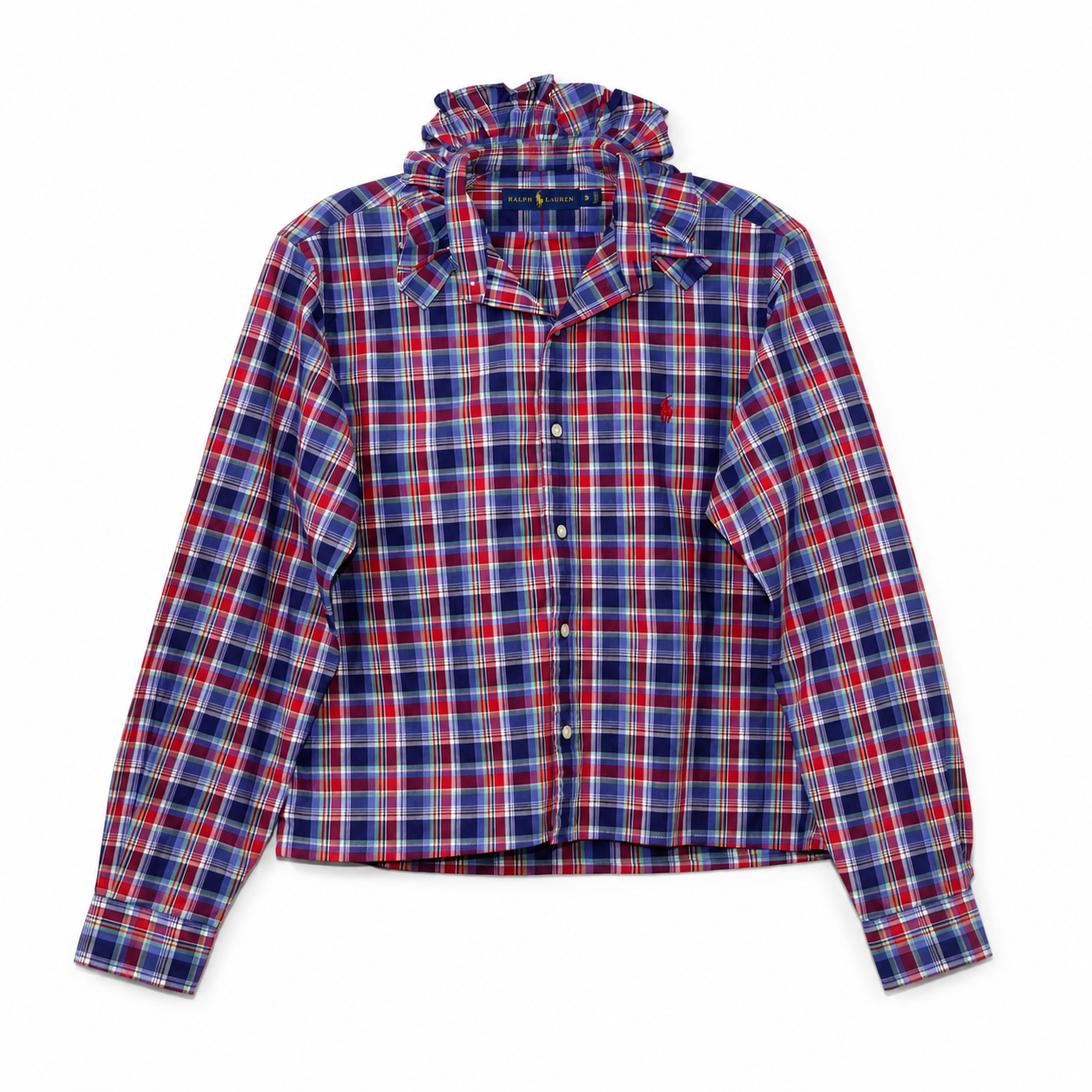 Reimagined Ralph Lauren Plaid Shirt, Hand-Ruffled Collar, Red White & Blue Madras-Style Plaid, One of a Kind