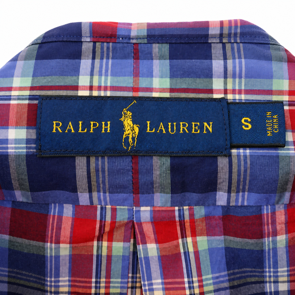 Reimagined Ralph Lauren Plaid Shirt, Hand-Ruffled Collar, Red White & Blue Madras-Style Plaid, One of a Kind